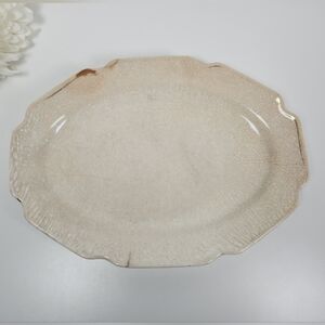 Antique Heavily Crazed Stained Oval Ironstone Platter w/ Scalloped Edges 11.25"